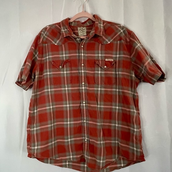 Lucky Brand Mens XL Plaid‎ Western Shirt Short Sleeve Button Up Rust Red - Picture 1 of 6